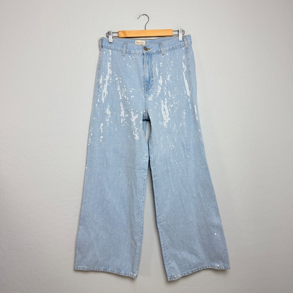 NEW Pilcro Sequin Wide Leg Jeans 28 Light Wash Denim High Rise Pants FLAW - Picture 2 of 16